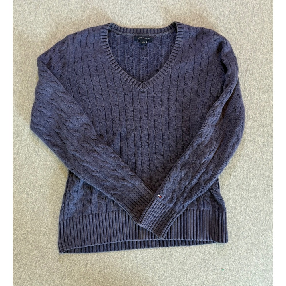 Tommy Hilfiger Navy Blue Cable Knit V-Neck Cotton Sweater RM80332795 Womens M